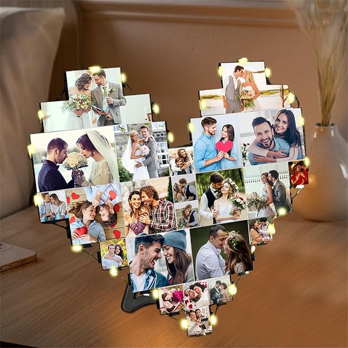 Personalized 1-20 pictures heart-shaped photo collage frame with LED lights