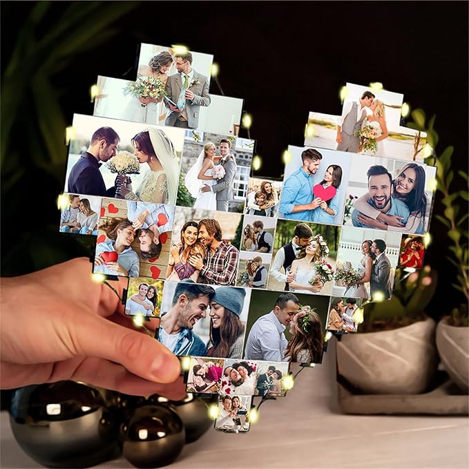 Personalized 1-20 pictures heart-shaped photo collage frame with LED lights