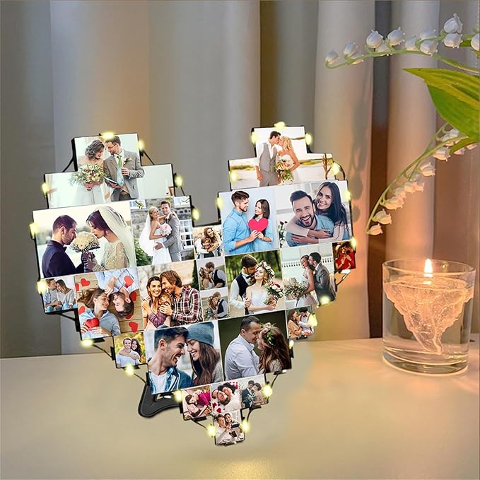 Personalized 1-20 pictures heart-shaped photo collage frame with LED lights
