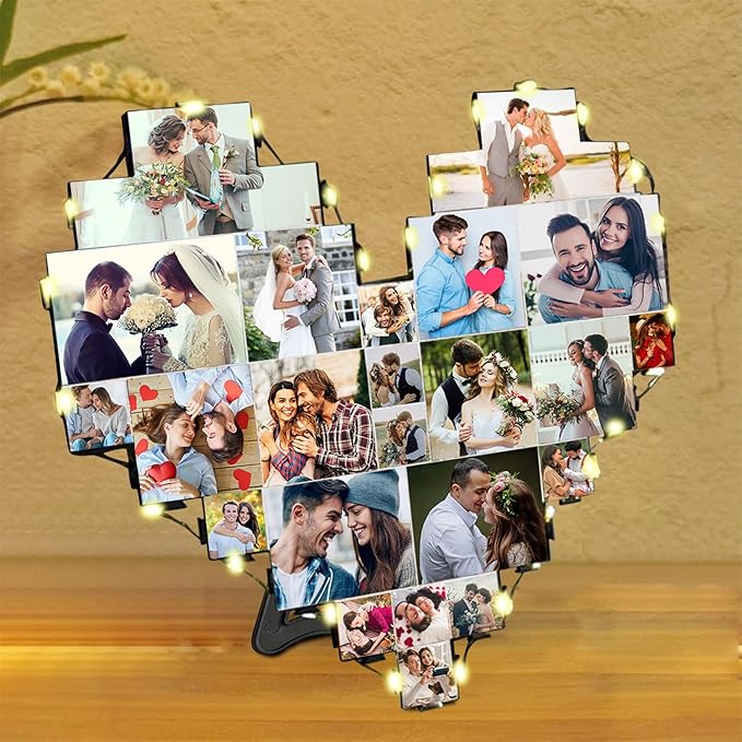 Personalized 1-20 pictures heart-shaped photo collage frame with LED lights