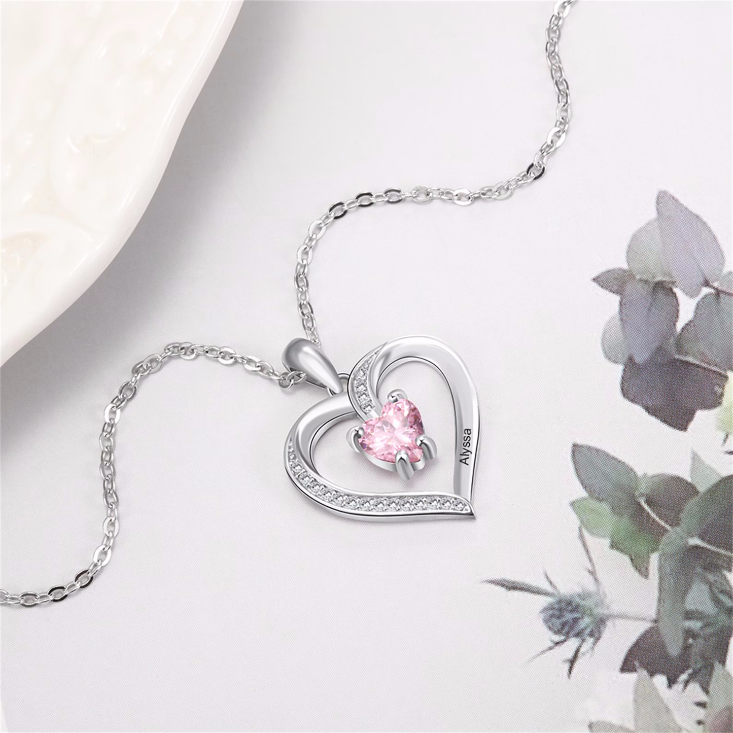 Personalized Birthstone Necklace With Heart,Sterling Silver Heart Name Necklace,Mothers Day Gift,Multiple Birthstone, Gift for Mom