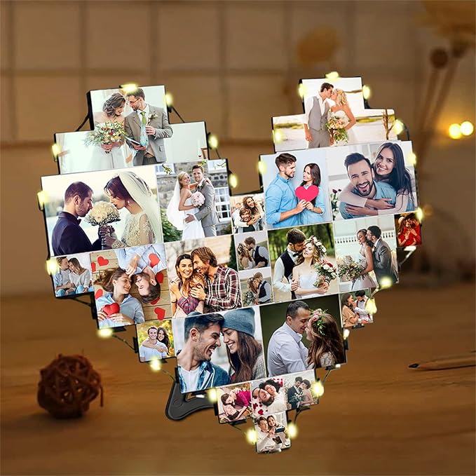 Personalized 1-20 pictures heart-shaped photo collage frame with LED lights