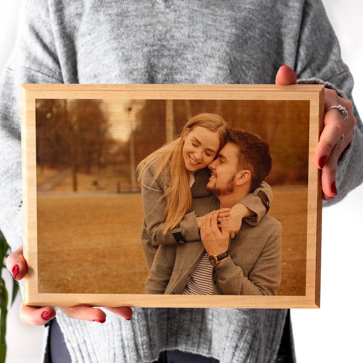 Personalized Couple Portrait Photo, Christmas Photo Gift, Custom Photo on Wood, Engraved Photo on Wood Watercolor Style, Custom Wall Art.