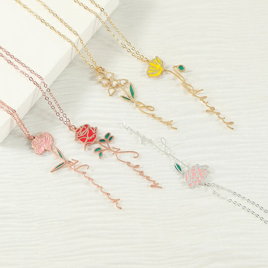 Personalized Birth Flower Name Necklace,Floral Necklace,Minimalist Necklace,Custom Name Jewelry, Gifts for Her, Gift for Mom