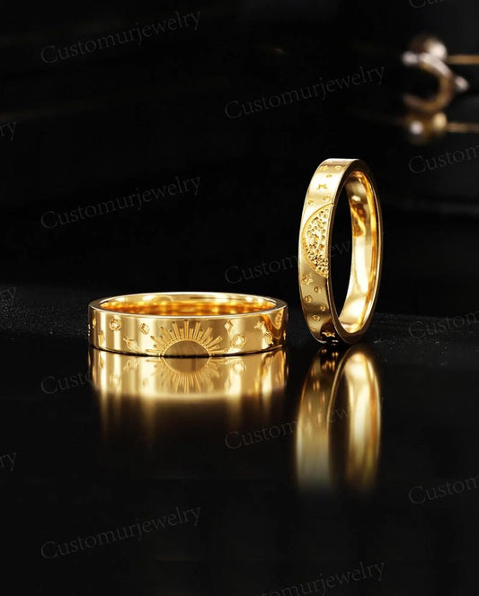 Celestial Sun & Moon Couple Bands, Gold Matching Promise Ring, Engraved Star Wedding Band Set, Galaxy Theme Wedding Band, His and Her Band