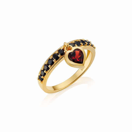 Garnet & Black Onyx Heart Charm Ring Charm Ring | Real Gemstones