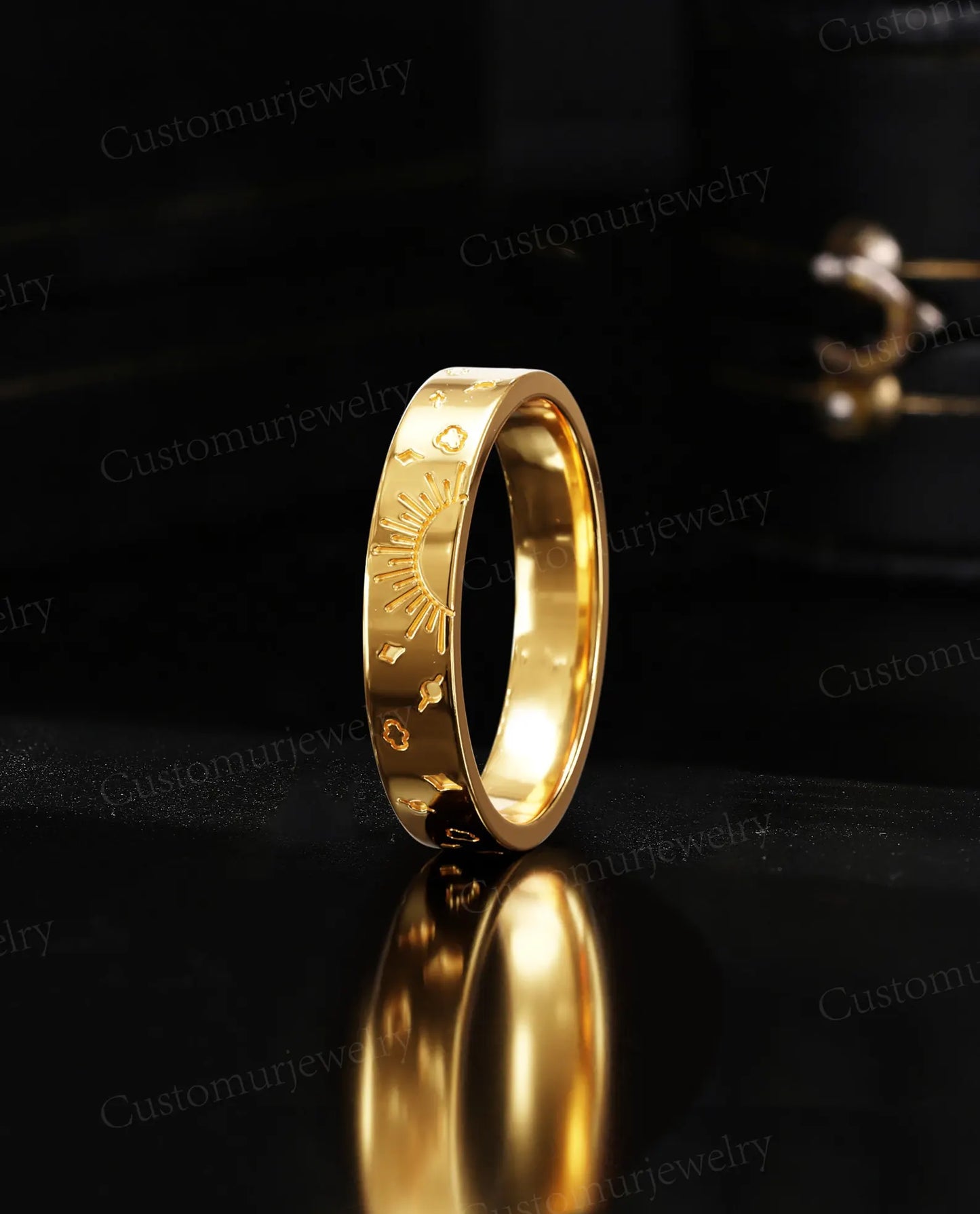 Celestial Sun & Moon Couple Bands, Gold Matching Promise Ring, Engraved Star Wedding Band Set, Galaxy Theme Wedding Band, His and Her Band