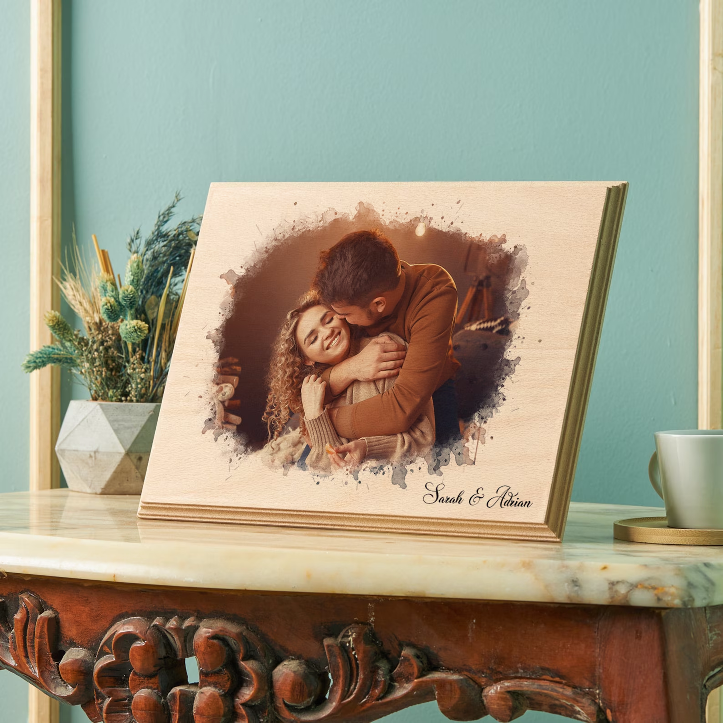 Personalized Couple Portrait Photo, Christmas Photo Gift, Custom Photo on Wood, Engraved Photo on Wood Watercolor Style, Custom Wall Art.