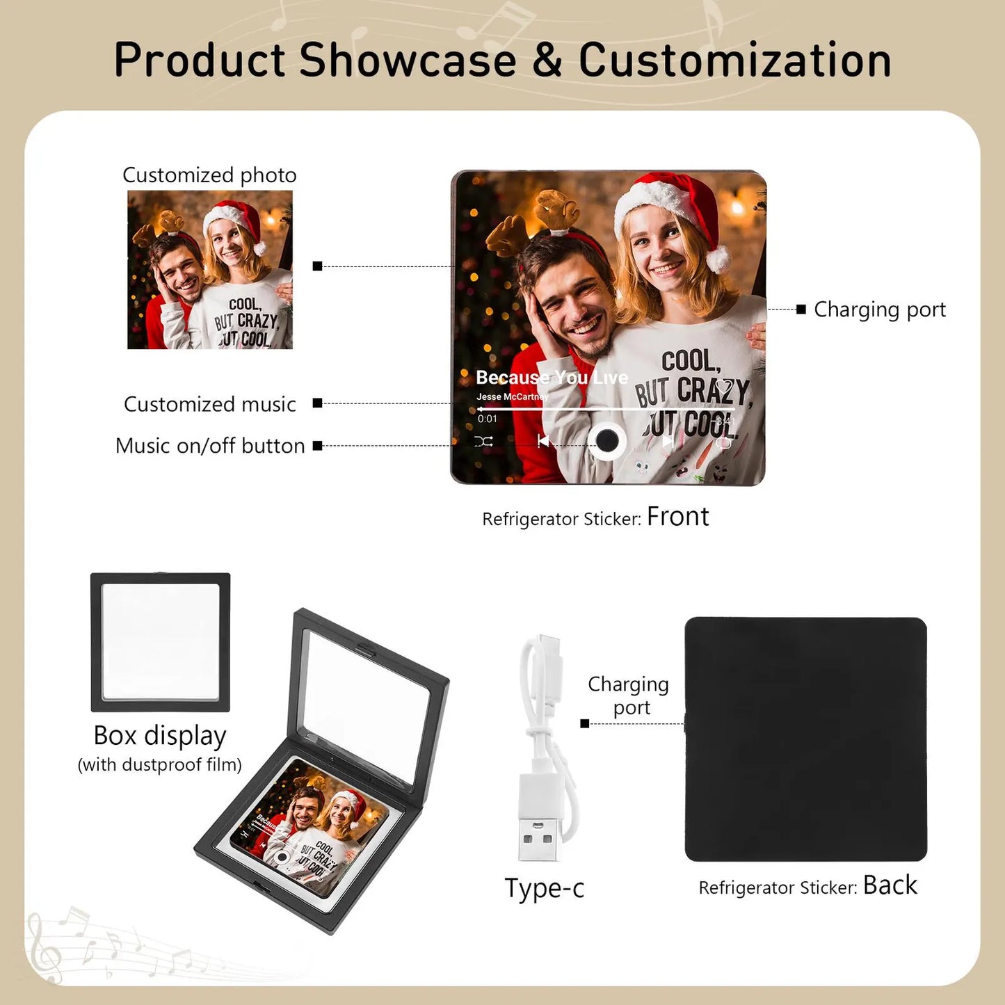 Custom Music Fridge Magnet, Personalized Photo & Music Fridge Magnet, Play Whole Song Music Box, Anniversary Gift for Him, Mother's Day Gift
