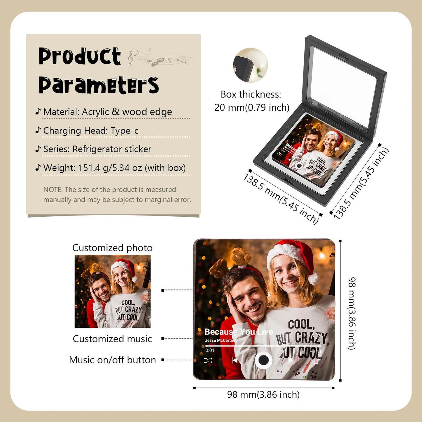Custom Music Fridge Magnet, Personalized Photo & Music Fridge Magnet, Play Whole Song Music Box, Anniversary Gift for Him, Mother's Day Gift