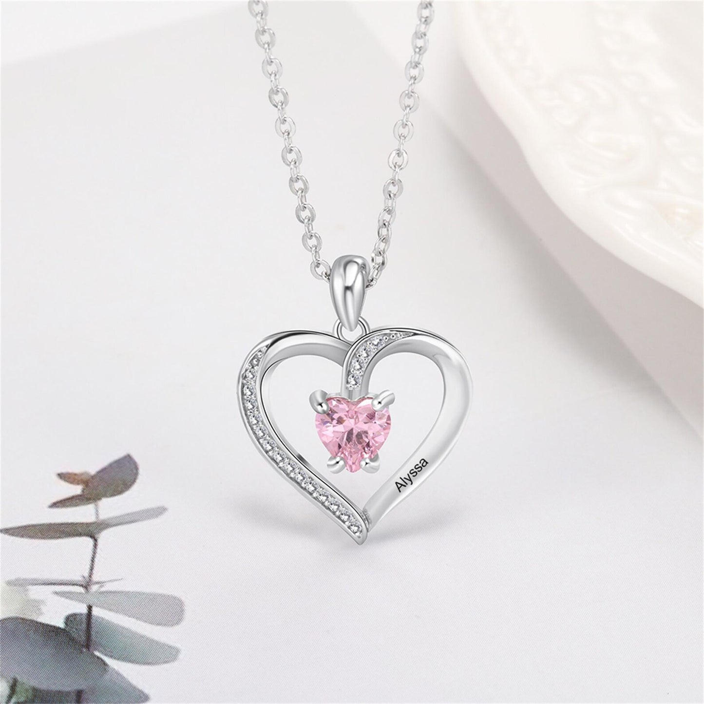 Personalized Birthstone Necklace With Heart,Sterling Silver Heart Name Necklace,Mothers Day Gift,Multiple Birthstone, Gift for Mom