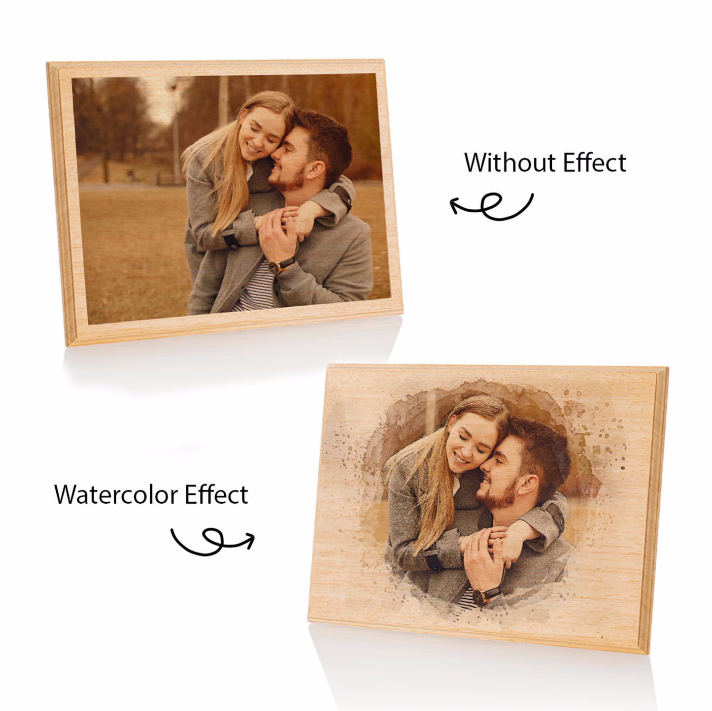 Personalized Couple Portrait Photo, Christmas Photo Gift, Custom Photo on Wood, Engraved Photo on Wood Watercolor Style, Custom Wall Art.